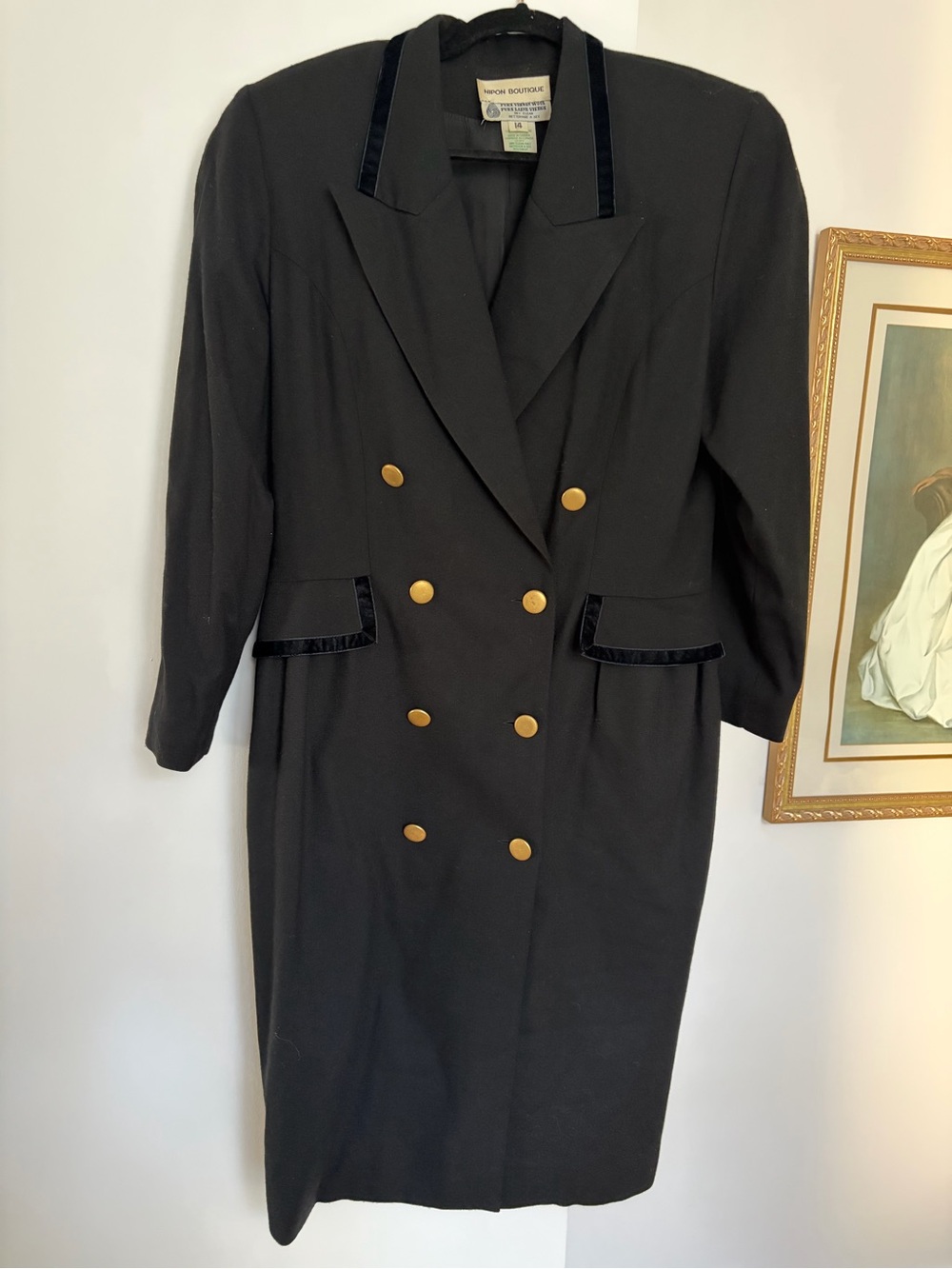 Vintage 80s Nipon Boutique Virgin Wool Velvet Trim Coat Dress (Size 14)
